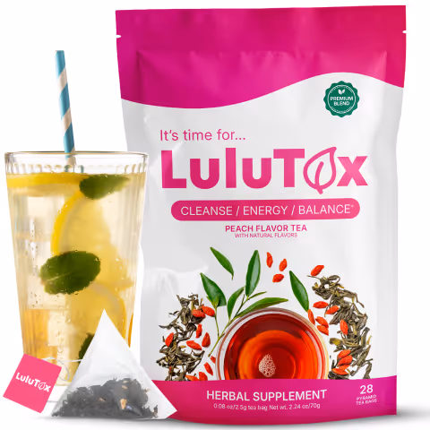 Lulutox Tea pouch with a glass of iced tea